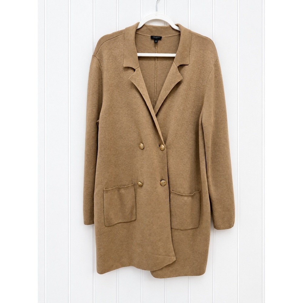 Talbots Cardigan Blazer XLP Camel Tan Double Breasted Knit Longline Old Money